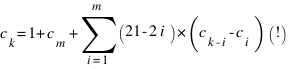 c_{k} = 1 + c_{m} + sum{i=1}{m}{(21 - 2i)*(c_{k-i} - c_{i})} (!)